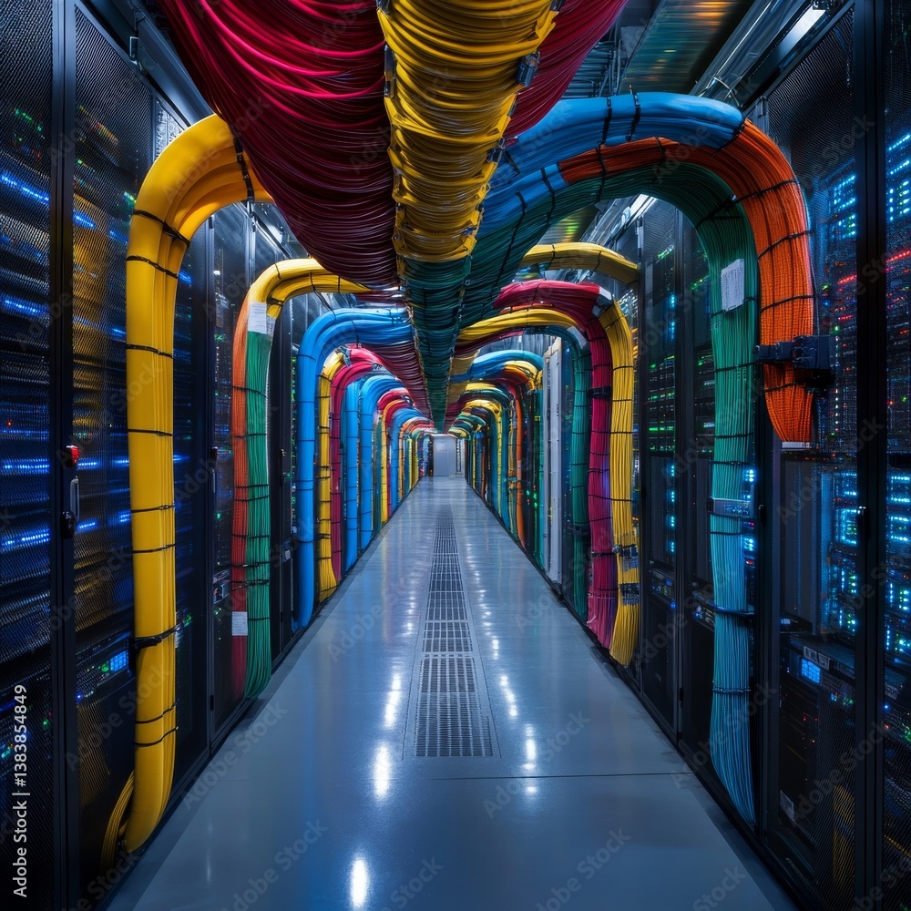 Poster data center server room with colorful cables overhead, showing power and connectivity infrastructure