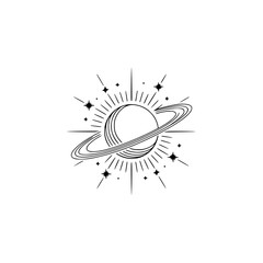 Celestial Minimalist: Saturn Planet with Stars, Line Art, White Background