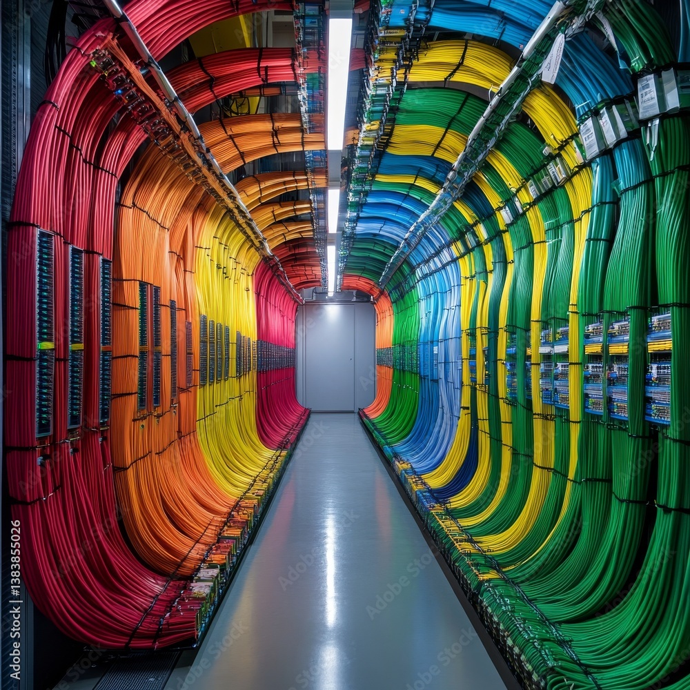 Poster data center rainbow: a kaleidoscope of color-coded cables in a modern server room environment
