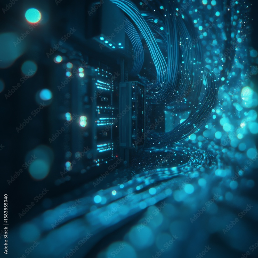 Poster data transmission: a glimpse inside a high-tech server room with glowing cables and networks