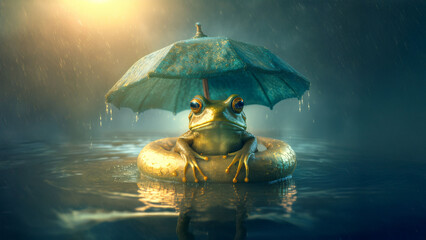  Frog Under Umbrella in a Rainy Setting