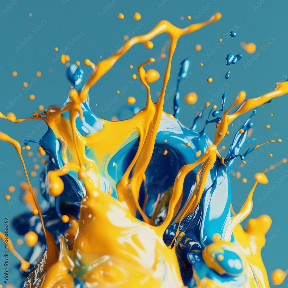 Poster dynamic paint explosion: a vibrant display of blue and yellow splashes on a turquoise canvas