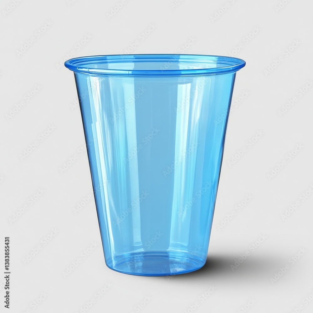 Poster empty blue plastic cup: a studio shot of transparency and simplicity on light background.