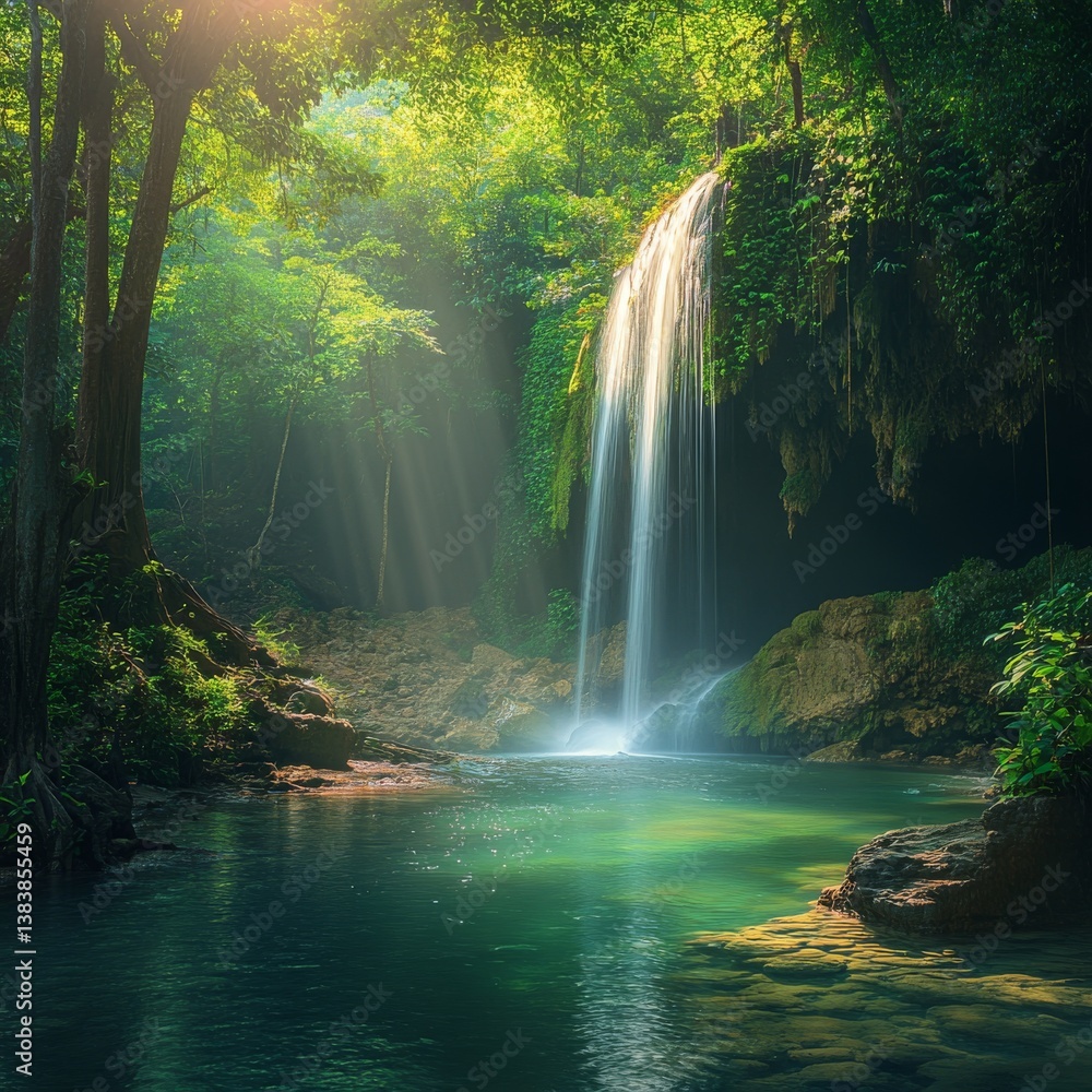 Poster erawan falls serenity: cascading waterfall in a lush forest with sunbeams reflecting on a tranquil p