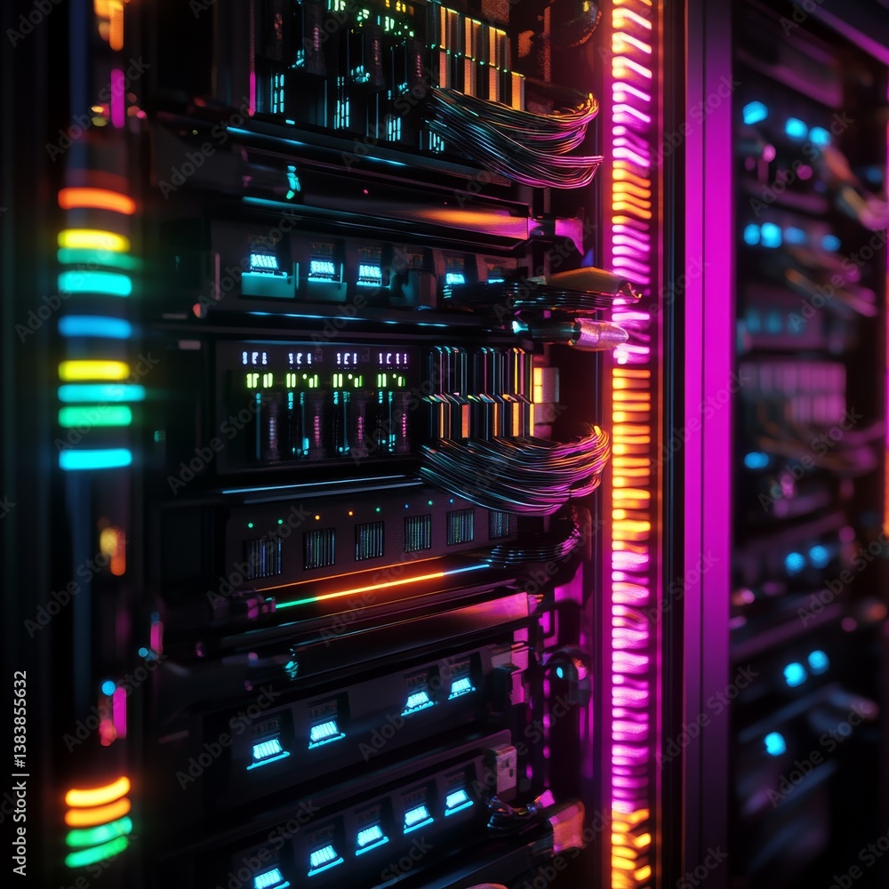 Poster futuristic server rack: a deep dive into neon-lit data center infrastructure with cables and high-te