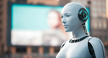 Futuristic humanoid robot with advanced features in urban setting