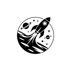 Retro Rocket Launch Logo: Black & White Space Illustration