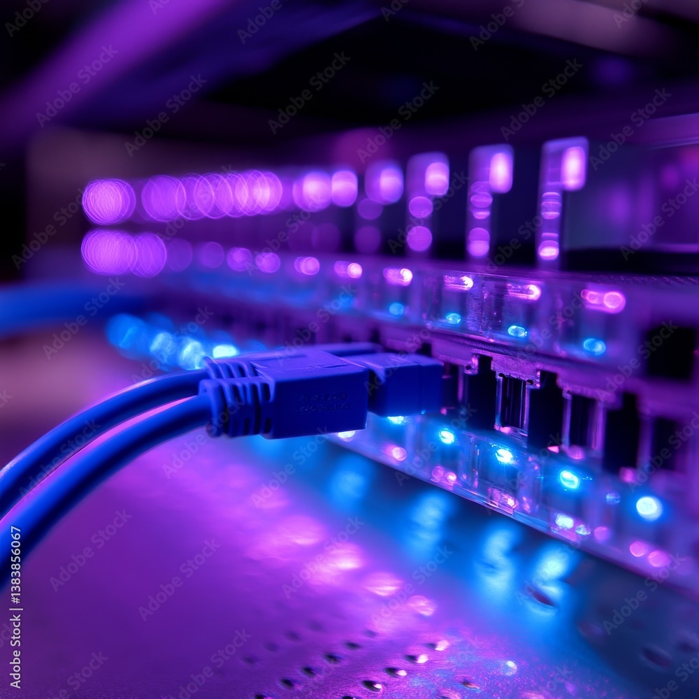 Poster illuminated network: a close-up view of blue cables connecting to a server rack with vibrant blue an