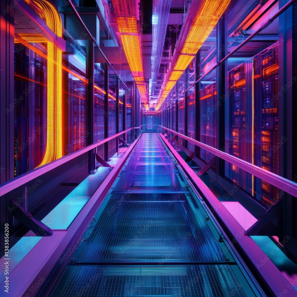 Poster inside the neon lit data center: a glimpse into the heart of the digital age with vibrant cables and