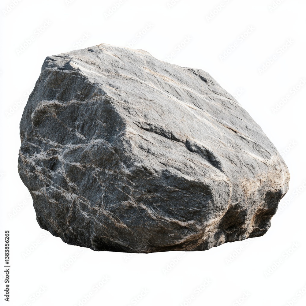 Poster large granite boulder on white background, showing texture and angular shapes in high detail.