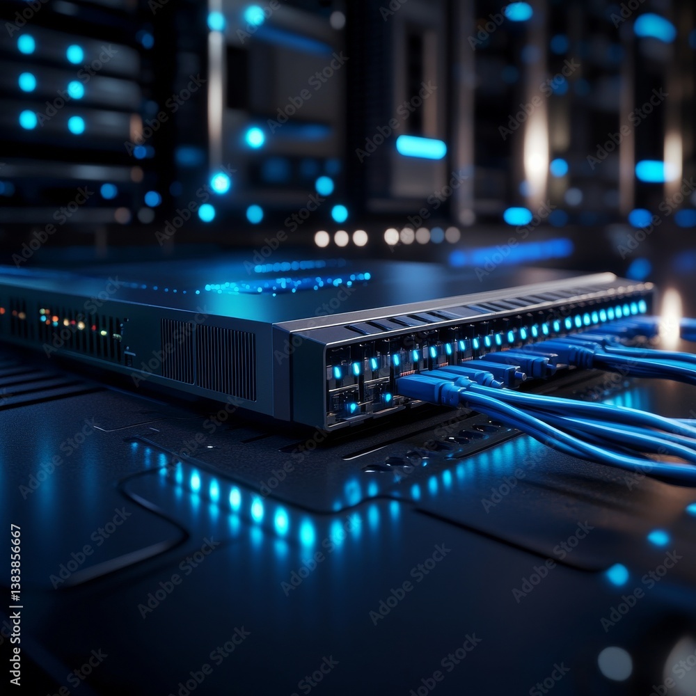 Poster network rack with blue cables and illuminated ports showcasing data center connectivity and informat