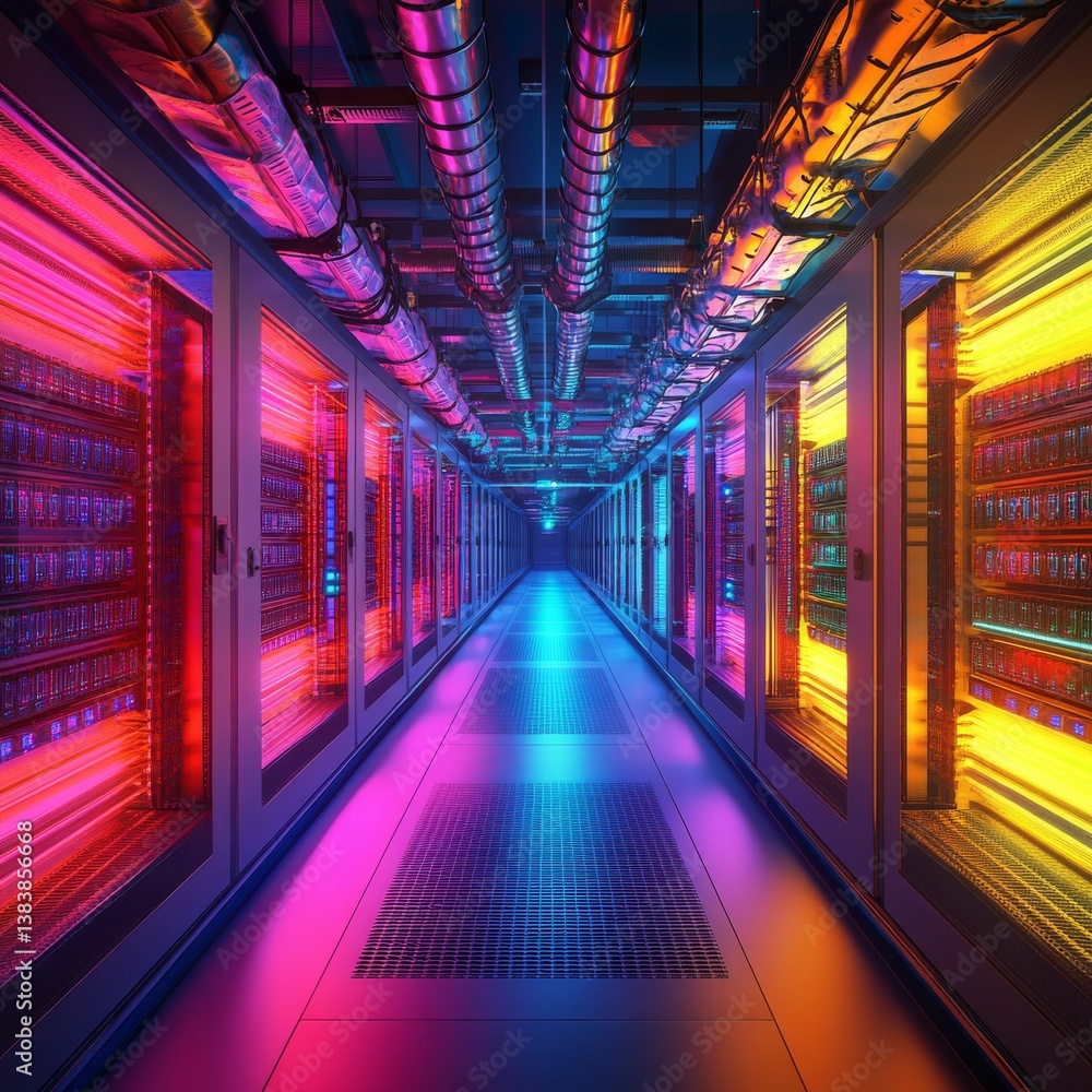 Leinwandbilder neon-lit data center corridor with rows of servers and overhead cabling, immersed in a vibrant cyber