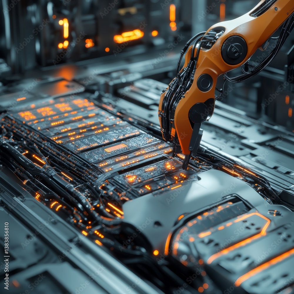 Fototapete precision automation: robotic arm handling intricate electronic components with orange glow