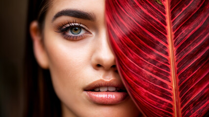 Close-up portrait of a young woman partially hidden by a vibrant red leaf against a blurred background