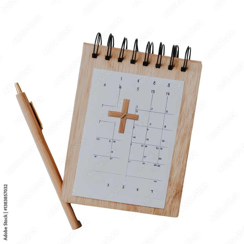 Aufkleber calendar marked with a cross indicates an important date on a wooden notebook alongside a pen, calen