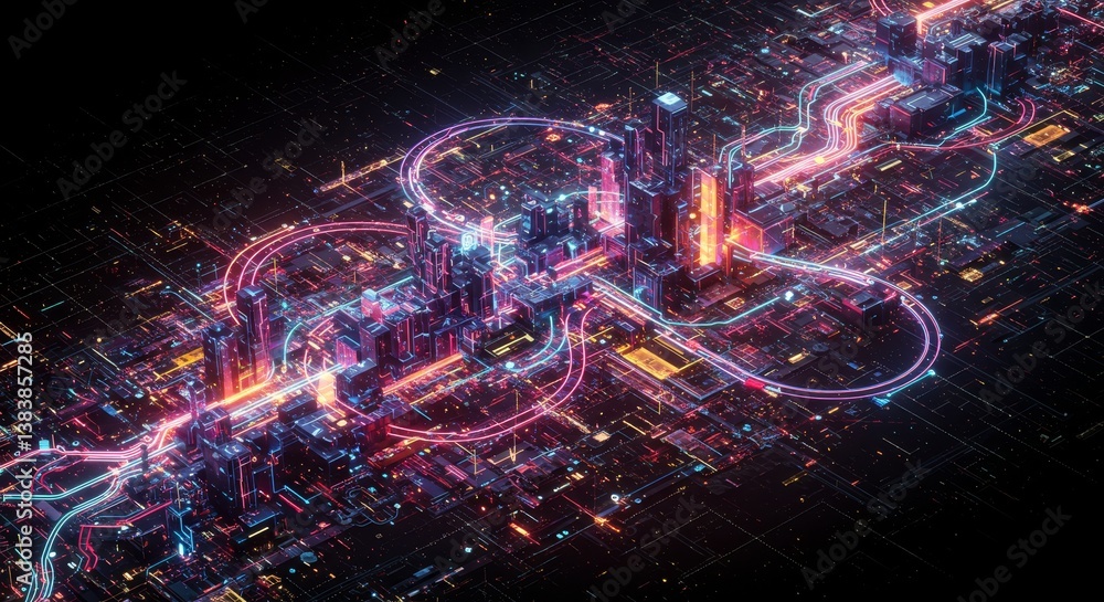 Poster futuristic data cityscape network - abstract visualization of interconnected data streams, symbolizi
