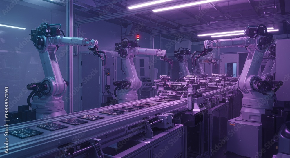 Aufkleber futuristic factory: robotic microchip assembly line - advanced robotic arms assemble microchips on a