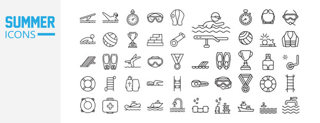 Flat Summer Icons Vector Set – Holiday Travel, Beach Activities, Tropical Fruits, Swimming Accessories, and Warm Weather Essentials in Minimal Style