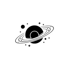 Minimalist Planet Icon with Stars and Rings: Black & White Vector Design