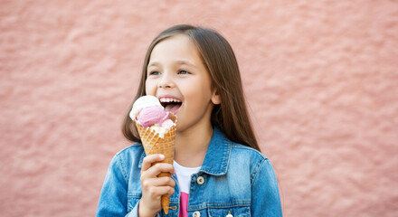 Fototapeta premium Asian young girl enjoying ice cream cone against pink wall in denim jacket