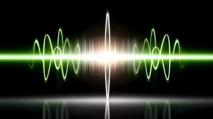 Green sound wave on dark background represents a visual depiction of auditory vibrations. It offers a striking visual impact with its dynamic lines and contrasts.