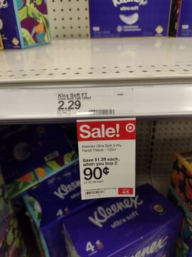 Kleenex facial tissue product on sale at Target store shelf April 2, 2025 Napa, California, USA