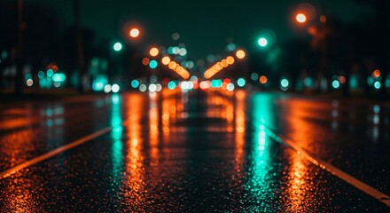 A rain-soaked city street at night reflects the bright lights of passing cars and street lamps in streaks of orange, red, white, and green. 