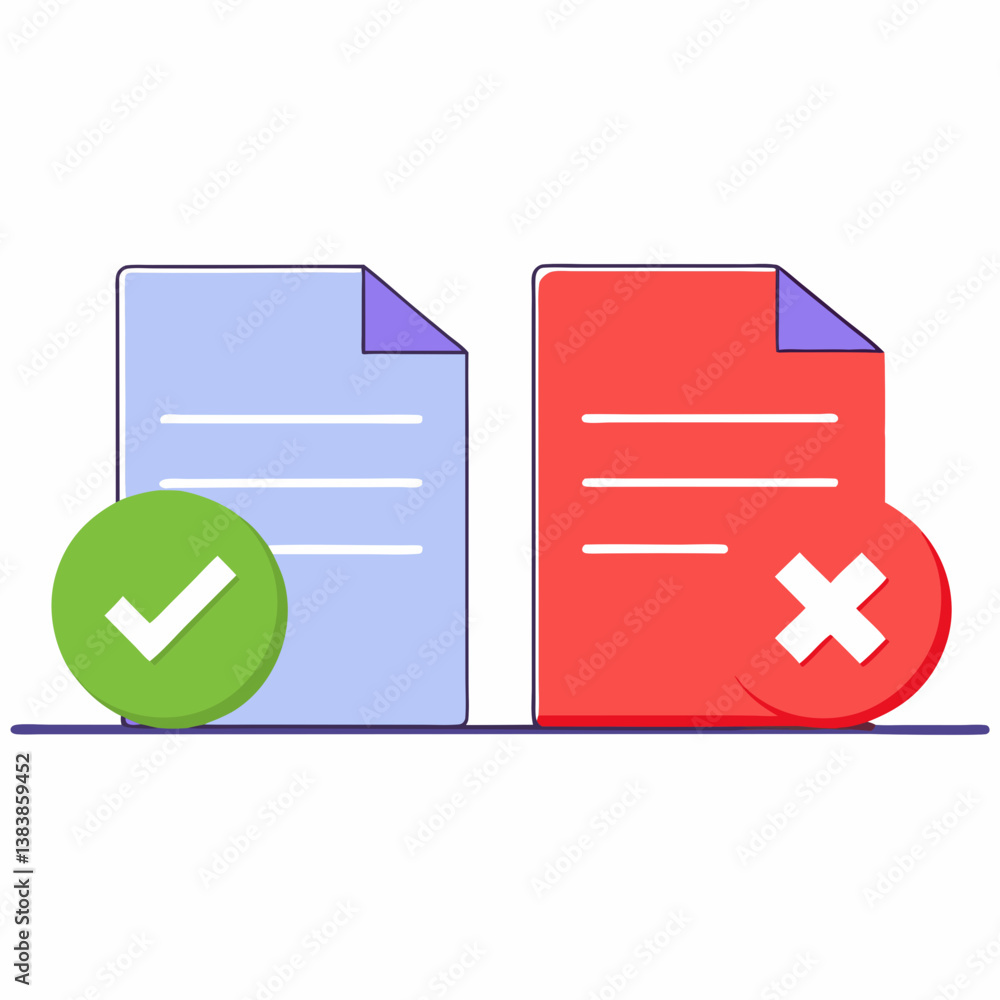 Poster a simple illustration showing document approval and rejection, using a clean and minimalist style wi