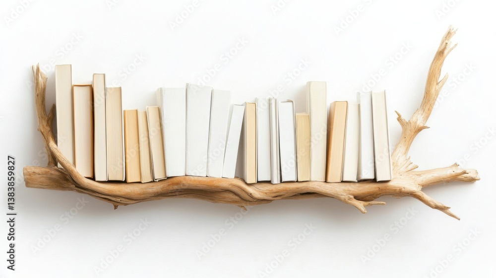 Poster a shelf with books on it and a branch