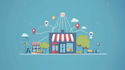 Animated store with location pins and connecting lines on a light blue background illustration .