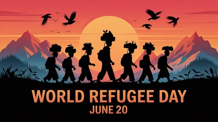 Fototapeta premium Silhouetted Figures Highlighting World Refugee Day at Sunset