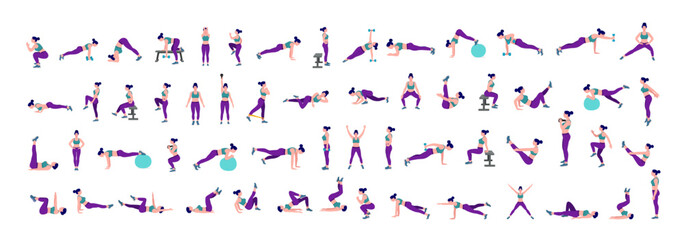 Workout girl set. Woman doing fitness and yoga exercises. Lunges and squats, plank and abc. Full body workout
