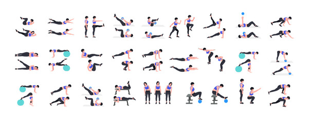 Workout girl set. Woman doing fitness and yoga exercises. Lunges and squats, plank and abc. Full body workout