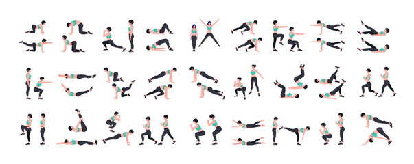 Workout girl set. Woman doing fitness and yoga exercises. Lunges and squats, plank and abc. Full body workout