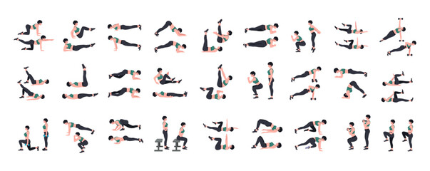 Workout girl set. Woman doing fitness and yoga exercises. Lunges and squats, plank and abc. Full body workout