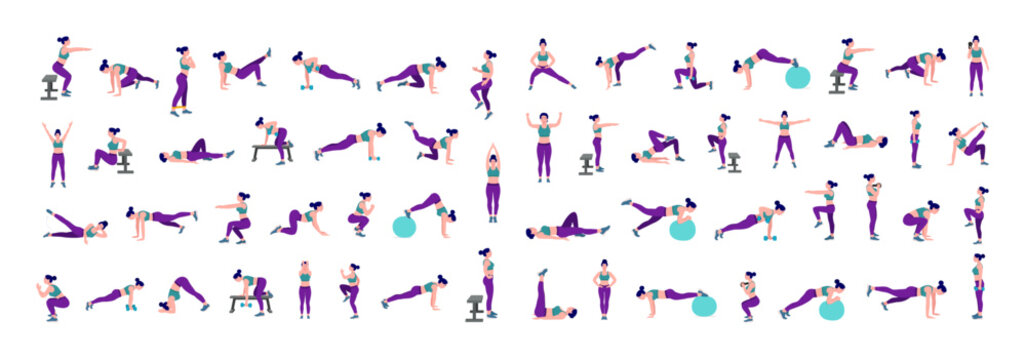 Workout girl set. Woman doing fitness and yoga exercises. Lunges and squats, plank and abc. Full body workout