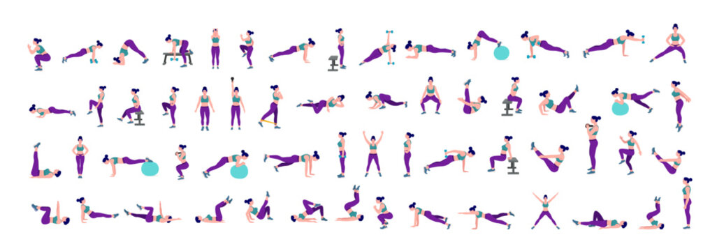 Workout girl set. Woman doing fitness and yoga exercises. Lunges and squats, plank and abc. Full body workout