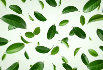 Naklejka premium Floating Green Leaves on Light Green Background - Nature-Inspired Design Concept