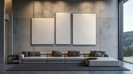 a living room with a couch and three large pictures