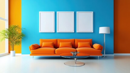a living room with a couch and a lamp