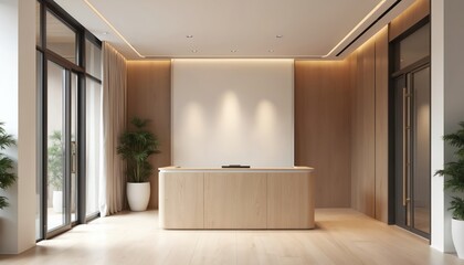 Fototapeta premium Luxury contemporary lobby area interior design. White wood style. Reception desk, bright lights, plants. Modern office, hotel or spa entrance. Clean design, welcome atmosphere.