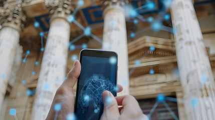 Person holding smartphone with network graphic overlay in front of building columns outdoors .