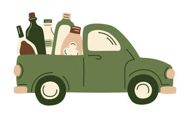 Retro farm pickup truck filled bottles grocery products from supermarket or farmer market. Organic fresh vegetables in the car for eco-friendly design of food delivery, Vector illustration in flat
