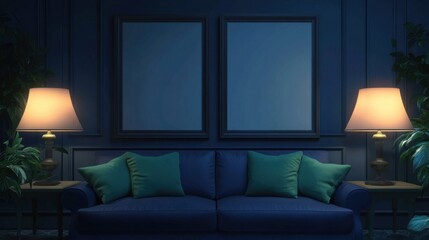 a blue couch with two lamps on each side