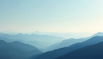 Obraz premium Panoramic view of mountain range with clear blue sky. Hazy silhouettes of peaks creating majestic, serene landscape. Peaks fading in distance. Peaceful nature environment. Ideal for tourism, travel,