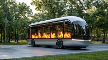 Fototapeta premium Futuristic bus fire during daylight transit in urban park - a dramatic digital art scene