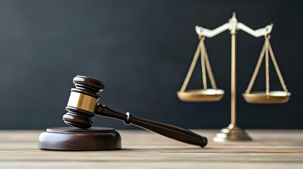 Wooden Gavel And Scales Of Justice On Dark Wooden Table