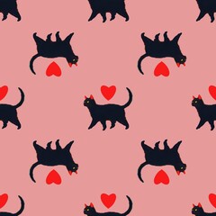 Seamless cute pattern with black cats and red hearts on pink background; pxl 5000x5000, inspo for birthday cards, invitations, celebration