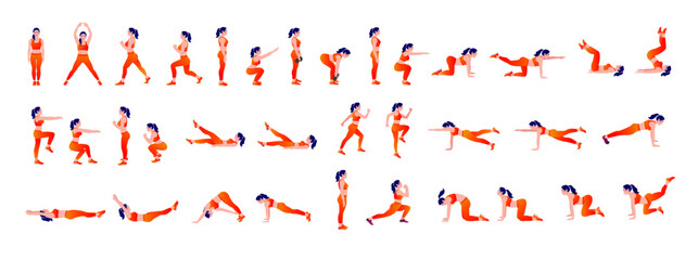 Workout girl set. Woman doing fitness and yoga exercises. Lunges and squats, plank and abc. Full body workout © Vipin