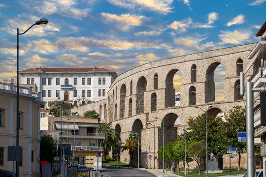 Kavala Aqueduct at Sunset - Capturing the Beauty of the Ancient Structure and Surrounding Landscape